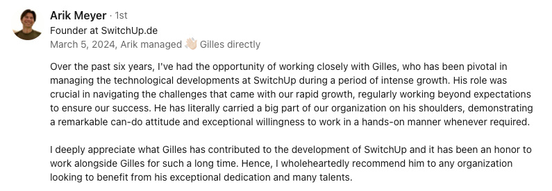 LinkedIn recommendation from Arik Meyer, Founder at SwitchUp.de, March 5, 2024