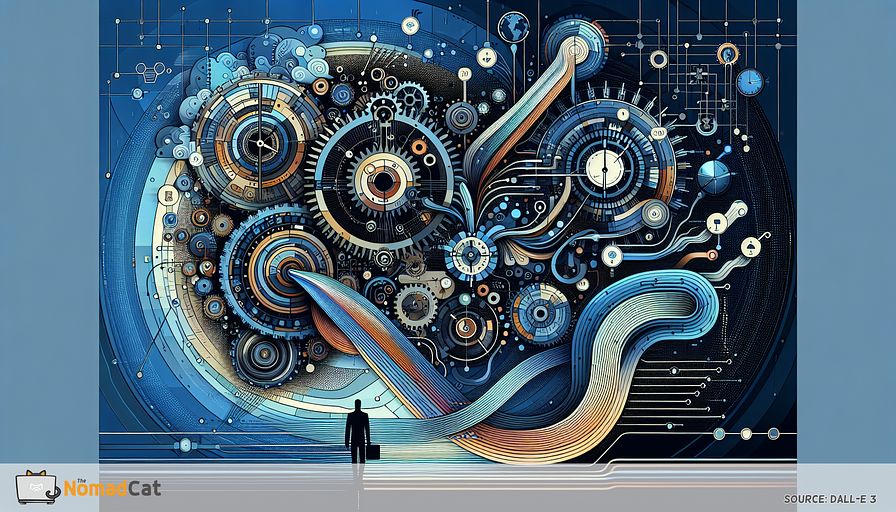 Create an abstract illustration that visualizes the concept of 'time' as the integral part of technology and information systems. Utilize a color palette dominated by various shades of blue to portray several interconnected modules: clock gears meant to symbolize the precision inherent in computer functions, a flowing, chronological ribbon signifying audit trails and data recovery, and subtle depictions of international synchronization through connected clocks marked with the Network Time Protocol. Incorporate abstract depictions of predictive machine learning algorithms as fluid, futuristic lines projecting paths into the horizon, and demonstrate the emphasis on interface responsiveness with quick, almost electric pulses directed toward a user silhouette. Ensure the overarching composition underscores the seamless combination and paramount importance of time within the digital domain.