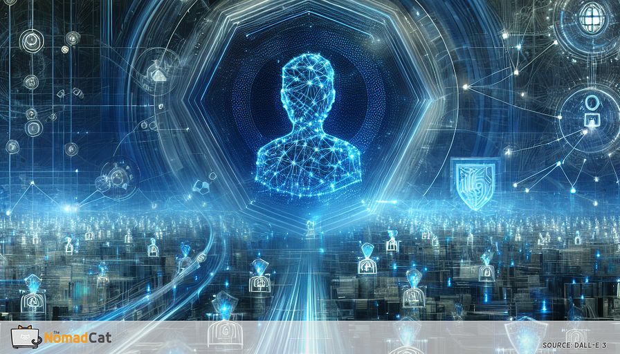 Create an abstract illustration that captures the essence of AI-driven predictive security for IoT systems. Visualize a futuristic landscape where interconnected devices form a vast network, enveloped by a protective, intelligent blue aura. The network appears to be alive, with pulsating lines representing data flow and AI algorithms continuously analyzing patterns. In the foreground, abstract representations of digital guardians stand vigilant, their forms composed of geometric shapes symbolizing precision and adaptability. The background features subtle, dynamic blue tones that evoke a sense of calm and assurance, illustrating the proactive and scalable nature of AI security solutions. Highlight the seamless integration of technology, showcasing the harmony between innovation and protection in this digital ecosystem.