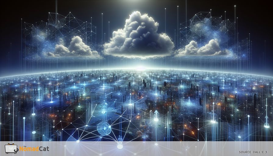 Visualize an abstract digital landscape that encapsulates the forward-looking concept of Zero Trust Networking (ZTN). Imagine a vast grid of interconnected nodes and channels where every connection is critically examined by a bright, blue force field that represents ZTN's verification process. Suspended above this complex web are a multitude of ethereal, floating platforms encompassing facets of Software-Defined Networking (SDN), managing the flow and orientation of data with serene, determined movements, distinguishing control streams from the underlying data courses. Extend this virtual landscape to the horizon, where it effortlessly transitions into a cloud-filled expanse, symbolizing the extension of ZTN to the Wide Area Network (WAN). Envision secure, ciphered pathways extending to remote sites and cloud utilities. Looming over this extensive digital biosphere are unknown figures as technology leaders, illustrated as stewards steering the secure connections' symphony, casting gentle, blue shadows across the grid. They function as caretakers of this ever-transforming terrain, implementing infrastructures, devising security guidelines, and ensuring the vigilance necessary to minimize the domain's attack surface. The abstract representation should express ZTN's intention to amplify security in the shifting tech landscape, all painted in tints of blue to suggest trust, safety, and high-level tech integration.