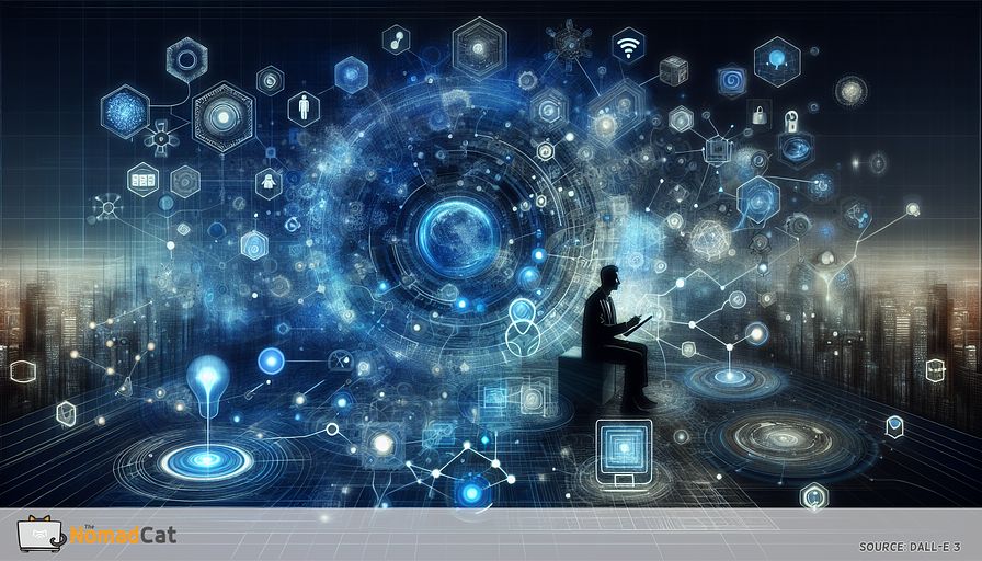 An abstract illustration predominantly in blue hues, visualizing an advanced, interconnected realm driven by smart gadgets. The central focus lies on various intelligent devices such as wearable tech, home automation systems, and Internet of Things hubs, perfectly incorporated into everyday life scenes. Represented by complex patterns and luminous points, these devices emit a subtle blue glow, visually connecting via a network of lines and circuits. In the backdrop, a professional figure of South Asian descent, in a gender-neutral stance, is seen planning in the midst of a digital landscape, signifying the technological advancements revolutionizing both personal and professional spheres. This creative piece embodies innovation, efficiency, and connectivity, stressing on the transformative might of intelligent technology.