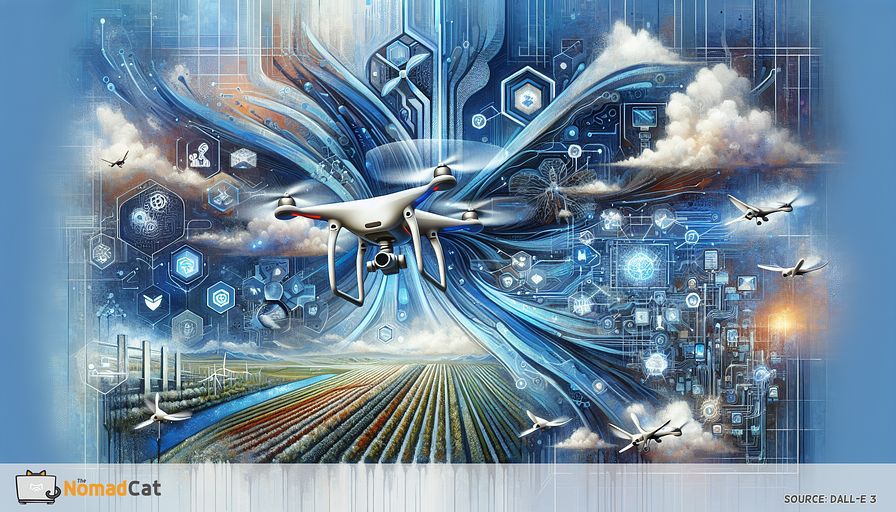 Design an abstract illustration, predominantly in various shades of blue, capturing the transformative potential of advanced drone technology across a myriad of sectors. Depict a futuristic landscape where drones, fitted with complex sensors, move effortlessly over extensive farming fields, monitor ecological transitions, and survey towering structures. Illustrate the incorporation of artificial intelligence and machine learning elements by including designed circuits and flowing data streams entwined with the drones. Visualize drones carrying important medical supplies to secluded, distant regions and facilitating aid efforts during natural disasters, underlining their pivotal function in improving operational efficacy and ensuring safety. Ensure that the illustration communicates the powerful influence of drone technology on business creativity and societal mechanisms through energetic and harmonious components blending impeccably within the composition.