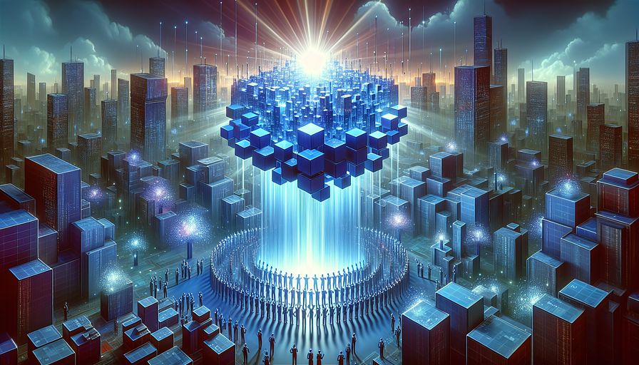 Visualize a forward-looking, abstract urban expanse where edifices are metaphorically embodied as piles of radiant, sapphire-hued data cubes under a cybernetic sky. In the main scene, display a cluster of faceless figures, representing diverse gender and descent top Technical Directors, Lead Engineers, and an influential Tech Executive, cooperatively erecting a glowing, monumental construct tagged as 'Data Lake.' This formation should radiate bright shafts of light towards the remaining architecture, symbolizing data's integral role in the city’s network. Around these characters and the Data Lake, weave in abstract, digital botanicals to signify the blossoming and innovation derived from robust data administration and analytical framework. Ensure the overall mood transmits a feeling of strategic foresight, teamwork, and data's transformative ability to steer a data-focused evolution within this abstract, highly sophisticated society.