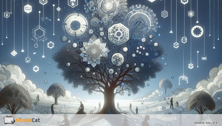 Visualize an abstract representation of a thriving startup ecosystem, where the central figure is a stylized, futuristic tree symbolizing growth and innovation. The tree's branches and leaves are composed of intricate, geometric patterns, reflecting the clean and efficient codebase enabled by Kotlin. The tree's roots intertwine with digital symbols representing cross-platform capabilities—web, server-side, and mobile applications.

In the background, a serene blue-toned landscape embodies the calmness and stability that Kotlin brings to technical projects, with faint outlines of interconnected networks symbolizing Kotlin's compatibility with Java and its seamless integration process. The scene is filled with subtle hints of technical elements, like gears and circuit patterns, to emphasize the reduction of technical debt and streamlined maintenance.

Scattered throughout the image are abstract figures representing developers, engaged and content, highlighting talent retention. These figures are depicted in flowing, dynamic postures, reflecting the satisfaction and creativity Kotlin inspires. Above the scene, a cascade of blue-tinted binary code rains down, symbolizing secure coding practices and compliance with regulations like GDPR, ensuring data protection and integrity.

Overall, the artwork captures the essence of Kotlin as a catalyst for startup success, fostering an environment of sustainable growth, innovation, and satisfied, talented developers.