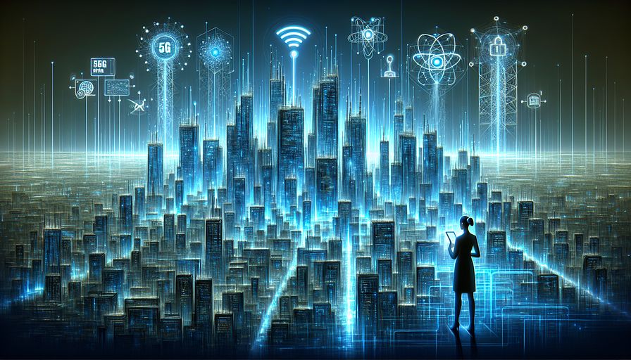 Generate an abstract illustration representing the notion of 5G network slicing within the context of a future-oriented smart city. The color palette should dominantly feature varying shades of blue, symbolizing high-tech and connectivity. Visualize a towering city of digital architecture where each structure represents a different virtual network, all luminescent with neon blue. These structures are linked with flowing data streams, demonstrating efficient allocation of resources and dedicated connections enabled by network slicing. Above this city, subtly incorporate symbols representing software-defined networking (SDN) and network functions virtualization (NFV) as a part of the skyline, indicating the unseen technology supporting this segmentation into multiple virtual networks. In the foreground, picture figures such as a Caucasian female CTO and an Asian male Director, their outlines bathed in a pale blue hue. They're looking at the city and its networks through futuristic holographic interfaces, fine-tuning and optimizing the network slices in real-time to upscale user experiences across sectors like IoT, smart cities, and entertainment.