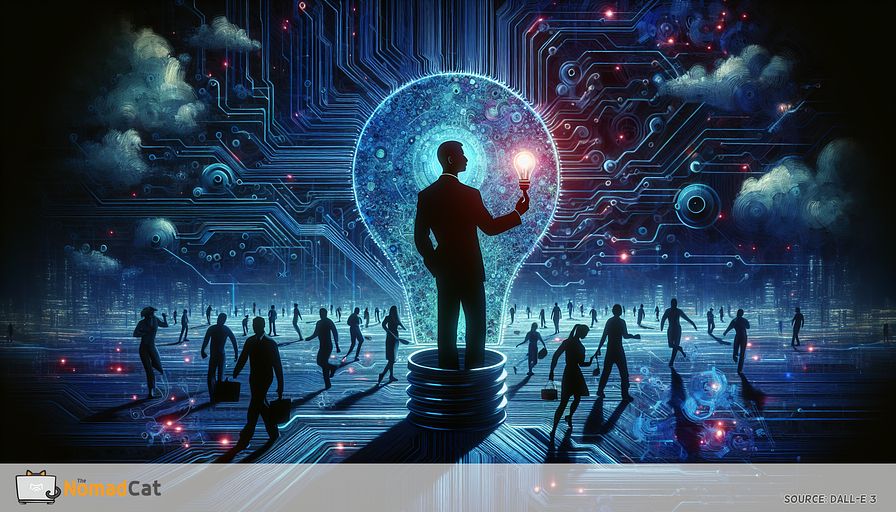 An abstract image portraying a hands-on Chief Technology Officer (CTO) of Middle-Eastern descent deeply embedded in the center of digital innovation, delineated by an intertwined network of vibrant blue-toned circuits. This figure stands on the edge of imagination and reality, where groundbreaking perspectives intersect with real-world applications. Their silhouette serves as a lighthouse amid the technological turmoil. In their vicinity, a diverse group of technical team members including Caucasian, Hispanic, Black, South Asian, and East Asian, operate in a seamless collaboration, each action and idea cascading into the subsequent one, under the observant supervision of the CTO, who represents both the imagination and the pragmatic presence required to maneuver the ever-evolving digital environment. The scene encapsulates the core significance of responsibility, novelty, and the intricate equilibrium between aspiration and strategic foresight, all embedded within an abstract, dynamic, and cool-toned technological dominion.