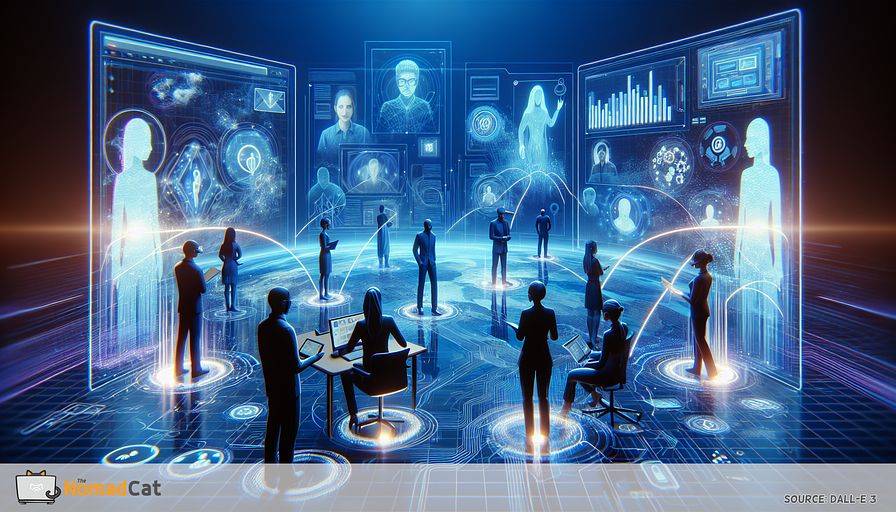Illustrate an abstract, immersive digital landscape illustrating the future of remote collaboration through virtual reality. In this blue-hued, ethereal realm, present semi-transparent avatars that represent professionals immersed in a virtual meeting. You can show them as a South Asian female architect, a Middle Eastern male software developer, a Black female 3D artist, a Caucasian male project manager, and a Hispanic female UI/UX designer. They are interconnected by streams of glowing light, portraying a seamless interaction despite their physical distances. Holographic projections of their collaborative projects, including creative designs, digital interfaces, and floating 3D models, surround them. This scene exemplifies the sophistication and accessibility of VR as a revolutionary tool boosting productivity and engagement in remote work scenarios.