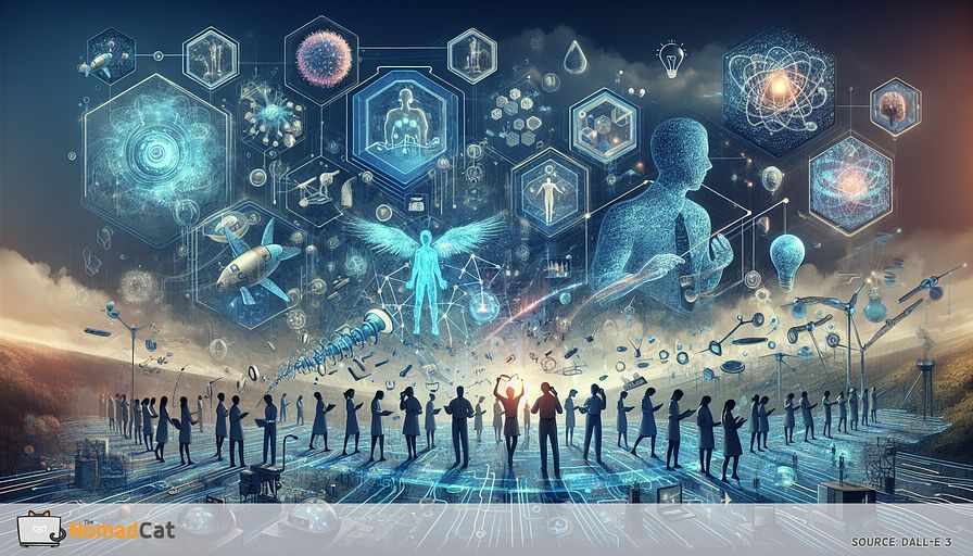 Craft an abstract illustration that visualizes the transformation and progression of professional development through the implementation of virtual reality technology. Imagine this as a futuristic panorama with figures, imbued with a blue hue and holographic in nature, engaged in various immersive learning environments. Illustrate these figures interacting with dynamic VR modules, such as virtual enactments of medical procedures, engineering plans, and technical service simulations. The surrounding scenery can be comprised of interlinked, luminous circuits and networks that metaphorically represent the infusion of VR into academia. Emphasize the seamless fusion of the digital and tangible realms, underscoring the amplified engagement and proficiency in skill procurement.