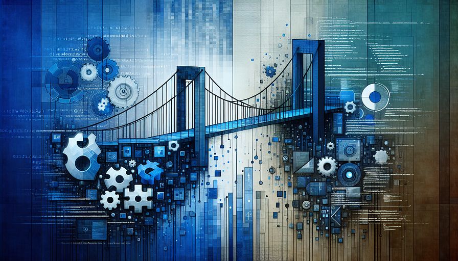 Create an abstract image that represents the task of updating old C++ systems. Use shades of blue to signify stability and innovation. The image should contrast the past and future, showing a bridge built from computer code and digital elements. It should seamlessly link a sturdy, traditional C++ composition on one side with a streamlined, futuristic tech interface on the other. Incorporate symbols of cooperation and strategic planning such as interconnecting jigsaw pieces or harmoniously intertwining cogs. These symbols should denote the thoughtful planning and teamwork that is crucial for successful integration. Represent the equilibrium between maintaining the system's integrity and introducing modern design approaches, perhaps using the visual metaphor of a balance, with pieces of code and modern digital icons as counterweights. This illustration should sum up the progression from traditional to modern in the technology world, underscoring the significance of preserving the core while welcoming change.