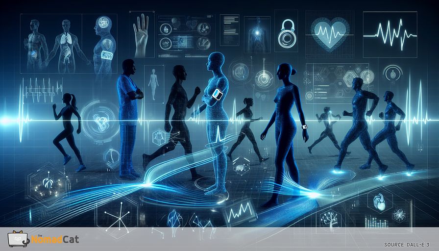 Create an abstract representation in shades of blue that showcases the innovative integration of wearable technology in healthcare. Exhibit human silhouettes of varying genders and descents such as Asian, Black, and Hispanic seamlessly intertwined with technological elements inclusive of smartwatches and fitness trackers. Illustrate data streams, manifested as dynamic lines or digital codes, originating from these devices and syncing with diverse parts of the silhouettes. Emphasize on real-time tracking by incorporating heartbeats, steps, and other health metrics within these data trajectories. The backdrop subtly portrays a futuristic healthcare environment with features like holographic interfaces and medical professionals of different genders studying data on advanced screens. This portrayal should inspire a feeling of innovation, interconnectedness, and improved personal health through the application of technology.