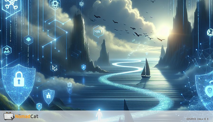 Illustrate an abstract visualization depicting a startup's journey through the complex world of cybersecurity, symbolized by a serene, blue-toned landscape. Picture a winding path made of digital code fragments, guiding a small, glowing startup ship through a vast, cyber-ocean. Along the path, ethereal, translucent shields represent key vulnerabilities being addressed, with symbols like locks and keys floating around them. In the distance, towering cliffs of NIST and OWASP frameworks rise, providing guidance and structure. At the horizon, silhouettes of ethical hackers appear as guiding stars, illuminating the path with beams of cybersecurity insights. The scene should evoke a sense of strategic navigation and resilience, with subtle elements of partnerships and resourceful solutions depicted as interconnected networks of light.