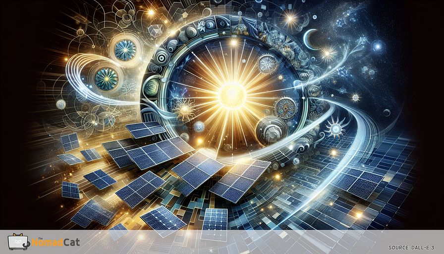 Create an abstract illustration which encapsulates the modern advancements in solar energy technology. In the middle, there should be a radiant sun emitting beams of light that transform into sleek photovoltaic cells glistening with a metallic sheen. Surrounding these cells, integrate intricate patterns portraying energy storage technology, underlining their novel and dependable qualities. Add elements of flexibility and buoyancy by illustrating thin, malleable solar panels that blend effortlessly into various surroundings. Utilize a color scheme mainly composed of various shades of blue, with touches of gold and silver to symbolize efficiency, innovation, and sustenance, exhibiting the transformative effect of these breakthroughs on the worldwide shift towards green energy.