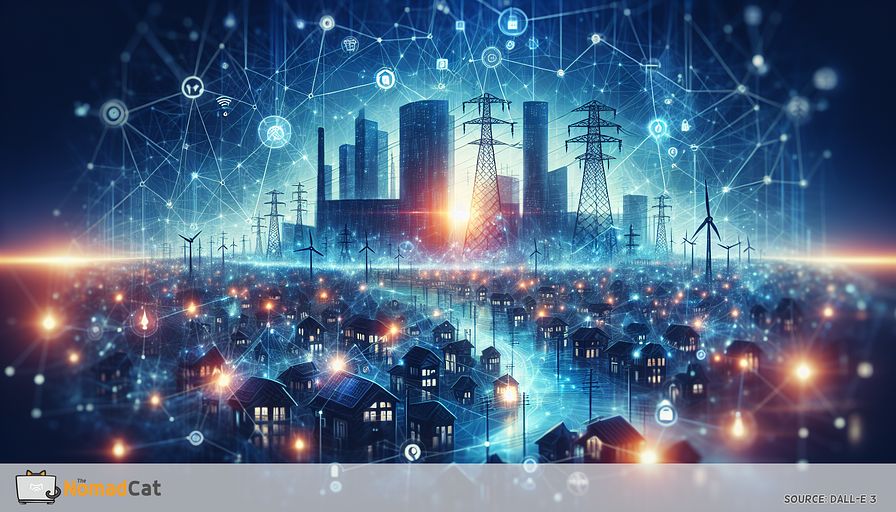 Create an abstract illustration bathed in hues of blue, illustrating a complex web of energy lines and nodes that mirrors a city of the future. The interwoven network illuminates under the glow of real-time data analytics and Internet of Things (IoT) capabilities, clearly marking the advancements in technology. Illustrate diverse energy producing structures including wind turbines, solar panels, and conventional power plants, symbolizing the perfect blend of contemporary and traditional power sources. Represent consumers through the imagery of houses and towering buildings, each with shrewd devices communicating and linking to the grid, exemplifying demand response initiatives. Imply data flows and signal transmissions fine-tuning the energy dissemination, boosting reliability and efficiency. The final image should instill a feeling of unity, endurance, and project the power of smart grid technologies to evolve the energy schema.