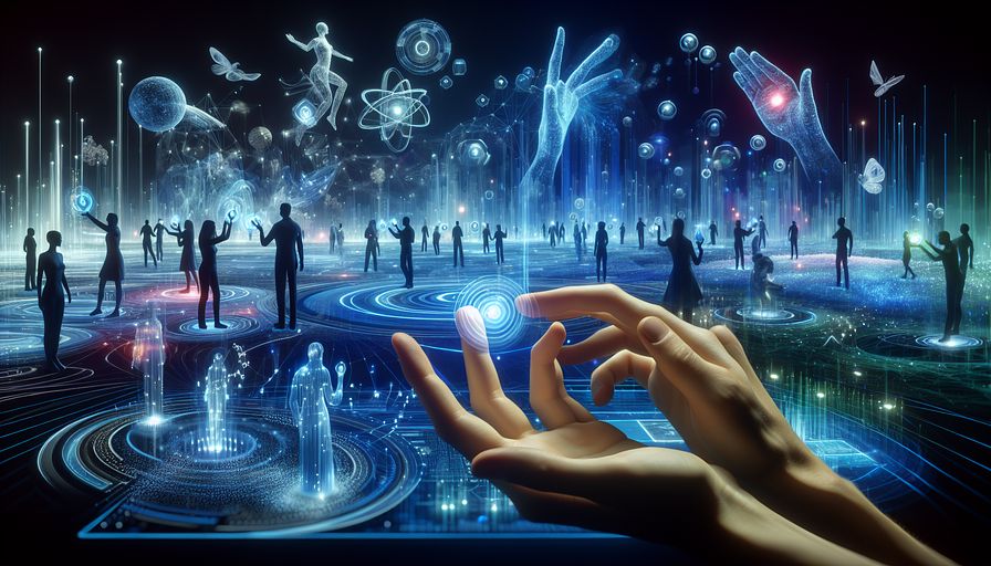 Imagine a tech-forward, abstract landscape in which human hand gestures become the primary form of communication, bridging the gap between diverse users of varying genders and descents and an array of digital universes. In this surreal world awash in hues of blue, delicate sensors and ghostly cameras float among the users, capturing and interpreting the graceful movements of their hands into dynamic interaction with holographic displays. Showcase the seamless blend of physical and digital, where each gesture reveals new opportunities in areas like gaming, healthcare, and virtual reality environments. Emphasize the essence of innovation, growth, and competitive edge through the symbiosis of humans of different genders and descents, and gesture control technology, all embedded in an abstract, visually engaging storyline.