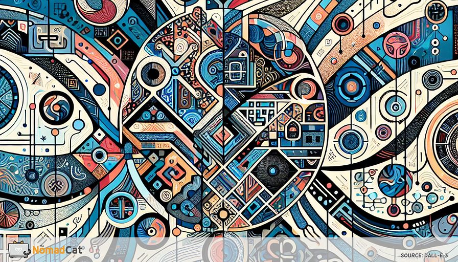 Create an abstract illustration that embodies the theme of cultural intelligence within diverse tech teams, particularly in a European context. Imagine a vibrant, interconnected web of various cultural symbols and motifs, each representing different countries and traditions. These symbols should be woven together using abstract patterns and geometric shapes, creating a harmonious tapestry that symbolizes unity and collaboration. The palette should be predominantly blue, with varying shades to convey depth and complexity. Include elements that suggest technology, such as circuit-like designs or digital motifs, subtly integrated into the composition to highlight the tech-driven nature of these multicultural teams. The overall effect should be dynamic and fluid, capturing the essence of innovation and creativity born from embracing cultural diversity.