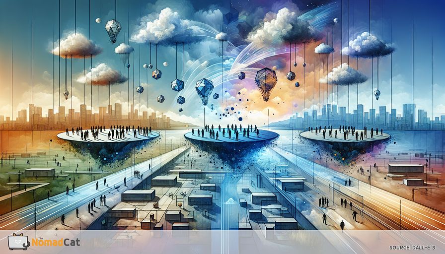 Imagine an abstract illustration symbolizing the evolution of workplaces shifting to a more decentralized model. Envision a futuristic scenery with isolated, floating blue-tinted islands which stand for individual workspaces. They're interconnected by illustrious, transparent bridges indicating progressive communication paths and breakthrough technology. On these islands, diverse figures from various descents and genders can be seen engaged in different activities, representing independence and adaptability. The backdrop is filled with a dynamic sky delineating the transforming market scenarios, with colourful clouds portraying emerging hurdles and opportunities. The entire scene should bring forth interconnectedness, innovation, and the fine equilibrium necessary for sustaining team unity and safekeeping corporate information in a widespread work context.