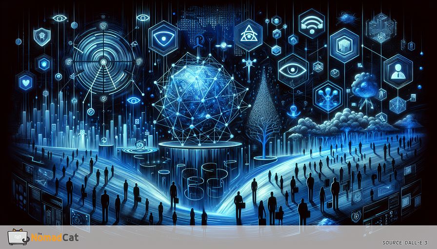 Create an abstract illustration using blue tones that visualizes AI-powered threat detection as the central theme in the realm of cybersecurity. Depict a futuristic digital landscape, where abstract representations of neural networks and machine learning algorithms—embodied by interconnected geometric shapes and flowing data streams—work in harmony to identify and defuse cyber threats illustrated by ominous, abstract forms lurking amid digital currents. Integrate symbols suggesting real-time monitoring and response, such as radar screens or digital eyes, with representations of extensive security tools like IDS, IPS, SIEM, and UEBA, embodied as abstract, technological structures within the scenery. Emphasize the equilibrium between innovation and security through a visual allegory of scales, with one side conveying advanced, user-friendly experiences and the other, reliable, robust protection. Surrounding this centerpiece, incorporate silhouettes of tech leaders and diverse teammates of different genders and descents in collaborative poses, embodying a culture of shared responsibility for cybersecurity, all encapsulated within a serene, vigilant, blue-toned, abstract landscape.