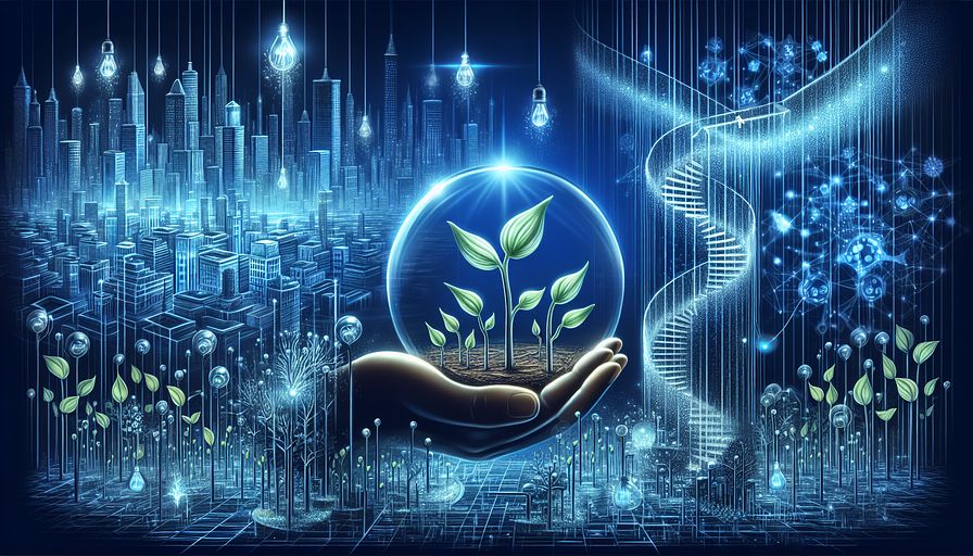 Create a detailed, abstract representation of a tech startup's journey from inception to success. Depict this using different shades of blue. The foreground should feature young plants growing in a protective bubble, symbolizing the safe, nurturing environment of startup incubators. In the mid-ground, show a series of larger plants climbing a spiral staircase, indicating the structured, rapid growth offered by startup accelerators. The background should display a thriving, futuristic city skyline, signifying the ultimate innovation and success achieved by these startups. Highlight the connections between the plants and the city with glowing blue lines, representing the guidance, resources, and networking opportunities that connect early-stage companies to their ultimate success. The overall illustration should exude a sense of progress, support, and the dynamic ecosystem that incubators and accelerators create within the tech industry.
