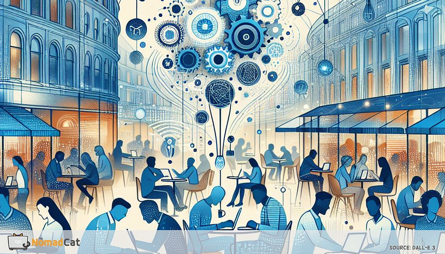 Create an abstract illustration depicting a bustling café in Berlin, where diverse team members from various European countries collaborate on laptops. Use shades of blue to represent the digital, interconnected environment. Include symbols of AI, such as circuit patterns and gears, subtly woven into the scene to symbolize AI-powered tools aiding communication and project management. Add elements like real-time language translation icons and visual representations of predictive analytics, highlighting how these technologies transcend language barriers and enhance efficiency. The ambiance should convey a sense of harmony and innovation, with each team member connected yet distinct, embodying the dynamic nature of AI-driven collaboration in European startups.