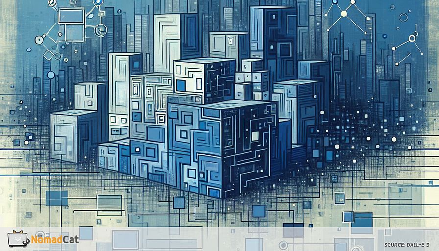 Create an abstract illustration using predominantly blue tones that visually represents the concept of a 'minimalist skill stack' as discussed in the article. Imagine a calm, serene scene composed of a few interlocking geometric shapes—each shape symbolizing a core skill—forming a stable, harmonious structure resembling a simplified tower or house. Surround this core with faint, barely-there outlines of other shapes fading into the background, indicating skills and trends that have been intentionally left out. Subtly weave in visual references to both technical and soft skills: perhaps a circuit-like line pattern merging with a speech bubble or handshake motif. In the negative space, suggest movement across cities—hints of skyline silhouettes or abstracted maps of Beijing, Berlin, and Lisbon—implying adaptability and global relevance. The overall composition should evoke a sense of clarity, intentionality, and quiet confidence, contrasting depth and focus against the chaos of chasing every trend.