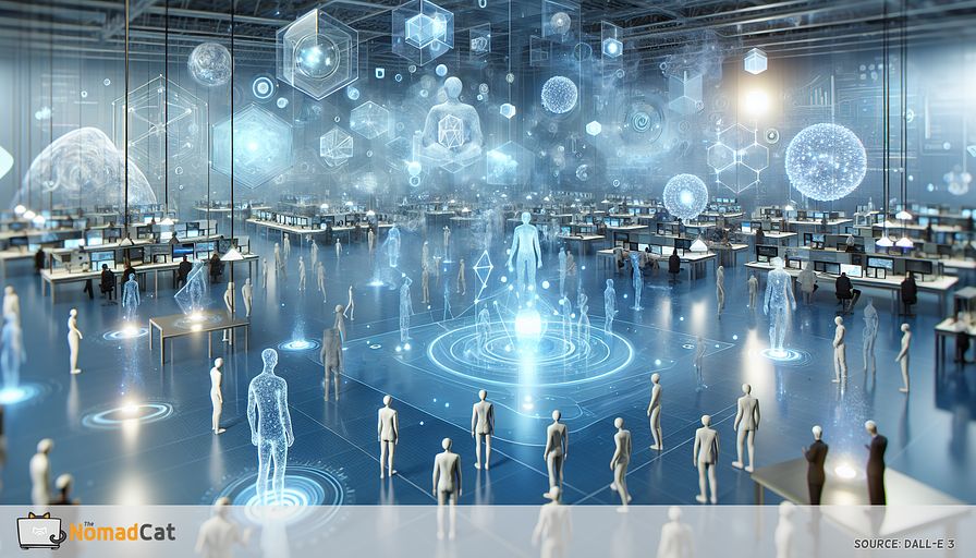 Visualize an abstract future workplace where immersive learning is the central focus. Imagine a vast, open-plan virtual space filled with soft, blue hues. This environment is populated by ethereal humanoid figures of varying genders and descents, engaging with dynamic, holographic simulations. These simulations replicate a plethora of real-world scenarios, ranging from interactions with intricate machinery to complex interpersonal conversations. Floating geometric shapes and glowing orbs around the learners represent the advanced technologies propelling this immersive training environment. The overall atmosphere radiates focused engagement and innovation, encapsulating the transformative potential of integrating virtual and augmented reality into workforce training.