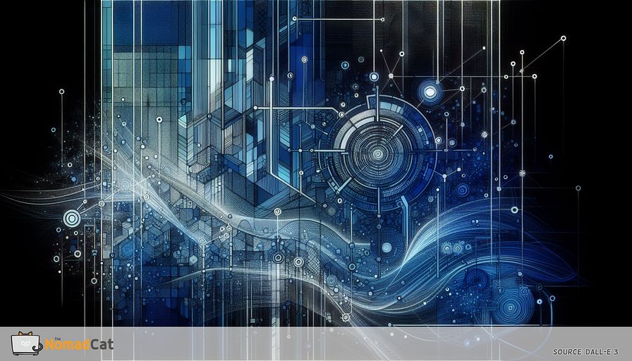 Generate an abstract illustration that is dominated by various shades of blue. This image should capture the essence of High-Performance Computing (HPC) through the depiction of a complex network featuring interconnected nodes and flowing data streams. Use geometric shapes and lines to symbolize efficiency, sustainability, and cost-effectiveness. Incorporated within the design should be subtle motifs that represent various areas of HPC application, such as scientific research, financial modeling, and climate simulations. Give the image a futuristic dimension by subtly integrating emerging trends into the design, hinting at the progressive nature of technology infrastructure planning.