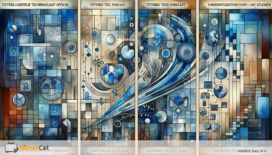 Craft an artistic representation that encapsulates the varying roles of a Chief Technology Officer through a triptych. For the first segment, visualize the concept of future tech forecast, represented by mystical shapes and forms indicating emerging trends and visionary goals, all shrouded in hues of blue and hints of futuristic silver. The second segment should show the operational element of the role, using abstract renditions of orchestrating IT teams and transforming plans into concrete tasks, depicted by fluid, linked geometric shapes in variegated blues, symbolizing harmonious integration and movement. The final segment should display the lessons learned from past decisions and tech evolution, using gentler forms and patterns colored in rich blues subtly transitioning to lighter tones to represent the process of continuous improvement and risk anticipation. Combined, these abstract art pieces should narrate the complexity of a CTO's role in steering the technological course.