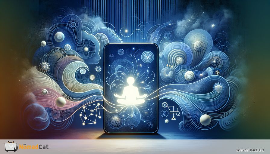 Create a soothing, abstract digital illustration that depicts mobile apps playing a transformative role in mental well-being. At the center of the composition, place a glowing smartphone emitting soft light. Surround it with flowing abstract shapes, painted predominantly in blue tones, that convey a sense of calm and healing to the viewer. Among these shapes, subtle elements including representations of mood trackers, meditation symbols, and therapy-related icons should blend seamlessly into the background. Show interconnected lines and patterns bridging the gap between the phone and these elements, symbolizing the supportive and interconnected nature of technology in mental health, lending an ethereal, uplifting atmosphere to the scene.