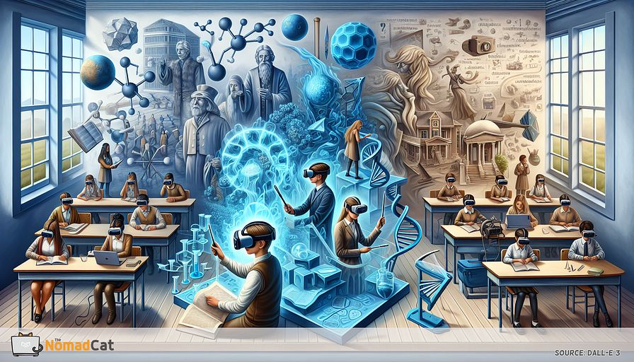 Portray a surrealist interpretation of virtual reality revolutionizing education. Visualize a classroom context where students of diverse genders and descents, equipped with VR devices, are plunged into assorted pedagogical milieus. One segment of the scene reveals learners engaging with historic figures made of holograms, while another demonstrates a bright, three-dimensional portrayal of intricate scientific principles, like airborne molecular configurations. In a different area, students hone linguistic competencies in a replicated foreign metropolis. All components should transition effortlessly, be represented in abstract forms primarily using shades of blue, representing the futuristic and limitless potential of virtual reality in education. The backdrop should subtly morph from a classic educational setting to vast virtual terrains, underlining the movement towards more interactive and efficacious educational experiences.