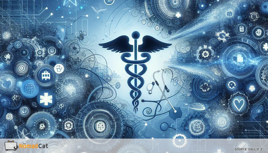 Create an abstract illustration that embodies the transformative power of AI in healthcare logistics. Imagine a sprawling network of interconnected blue-toned circuits and gears intertwining with medical symbols like caduceus and hospital icons. These elements merge seamlessly into the flowing structure of a digital supply chain, where AI algorithms, represented as glowing neural networks, orchestrate a symphony of efficiency and precision. Incorporate visual hints of European landmarks subtly woven into the background, symbolizing the continental impact. The composition should convey a sense of dynamic movement, reflecting AI’s role in streamlining logistics, optimizing inventories, and enhancing resource management, all unified under a serene blue palette, suggesting both technological advancement and harmony.