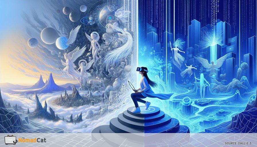 Imagine a vision from a dream, brought to life in an abstract yet futuristic landscape, drenched in cool, soothing blue tones. Standing tall is an Asian female gamer in chic, cutting-edge VR gear, perched at the joining of two contrasting worlds. On the one side lies a captivating virtual utopia, teeming with peculiar, heavenly beings and bizarre terrains that defy reality. On the other side, you see a familiar but subtly digitalized interpretation of reality, where the mundane and the digital seamlessly mix. This gamer is the radiant hero, with a foot in each realm. Silver streams of binary code and geometric patterns weave through both worlds, signifying the effortless fusion of immersive technologies. The illustration conveys an aura of fascination and expectancy, capturing the gamer's exciting transition from traditional gaming to enveloping, reality-altering experiences.