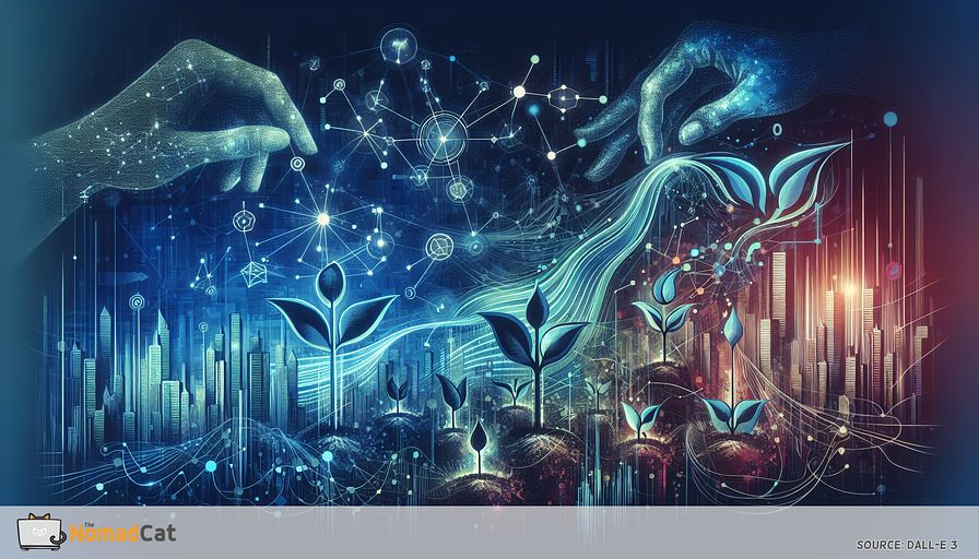 Create an abstract illustration that encapsulates the essence of tech incubators and accelerators nurturing early-stage startups. Picture a dynamic ecosystem where small, blue seedlings (as symbols for startups) are being cultivated by larger, transparent hands illustrating mentorship and support. Decorate these seedlings with interconnected geometric shapes and flowing lines to represent networking opportunities and collaboration, all against the backdrop of a futuristic city skyline that signifies economic growth and technological advancement. Use a color scheme that predominantly features shades of blue to convey trust, innovation, and the transformative journey from concept to commercialization in the tech industry.