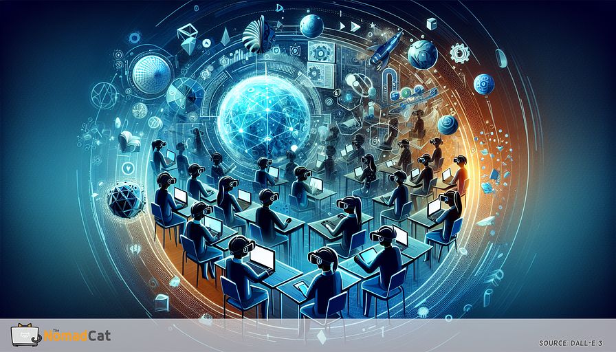 Design an abstract illustration radiating primarily with shades of blue, embodying the theme of deep-seated learning in technology and engineering fields via virtual reality. The scene unfolds in an advanced classroom where learners, who are of various descents like Hispanic, Asian, and African, and both genders, adorned with cutting-edge VR headsets, participate in an array of simulations. Incorporate abstract symbols signifying complex concepts being disintegrated into comprehensible, interactive virtual elements. Each learner appears engrossed, encapsulated within a sphere that seamlessly integrates the tangible and the digital world, underlining the safe and invigorating learning space. Highlight the concept of risk-free practice in an atmosphere that is both abstract and profoundly tied to future education.