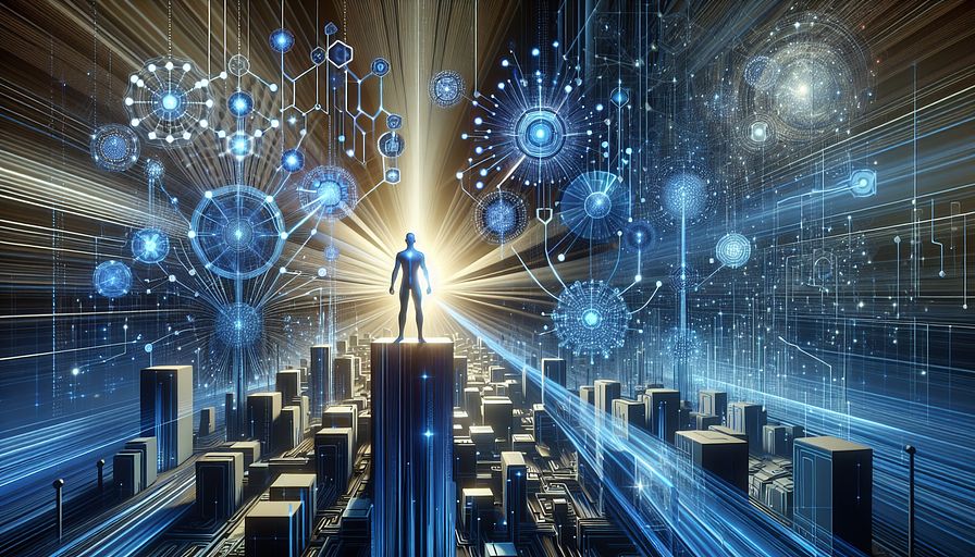 Generate an abstract image that encapsulates the transformative nature of edge computing through the perspective of a visionary leader in technology. The picture should depict a seamless fusion of decentralization and robust data processing at the fringe of tech infrastructure. Visualize a forward-looking landscape where devices at the edge, symbolized by intricate, interconnected nodes illuminated in various blue shades, execute complex activities independently. These nodes are disseminated across a vast, digital landscape, portraying the movement towards localized data processing and the crucial role of edge analytics in the new industrial revolution. Central to this digital network, represent a figure signifying the technology leader, directing and balancing the interplay between centralized and decentralized systems. This character should radiate a sentiment of progressive leadership, with elements around them suggestive of the critical parameters of data safety and confidentiality. The total composition should convey an impression of advanced connectivity, instantaneous decision-making abilities, and the critical cooperation between tech and engineering domains, all encased in a primarily blue-toned abstract style.