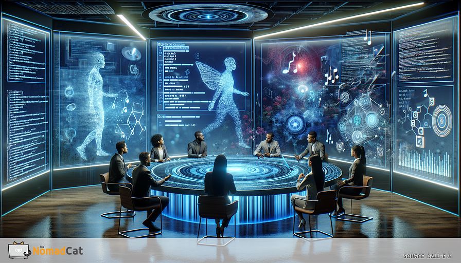 Imagine a futuristic scene reflecting the intersection of technology and art. See a group of technology executives - a Middle-Eastern female CTO, a Black male Director of Technology, a South Asian female Director of Engineering - discussing around a holographic table filled with dynamic representations of code morphing into diverse content forms: musical notes, digital artworks, and software code snippets. The ambience radiates innovation as potential and ethical perspectives on employing AI in creative sectors are debated. The backdrop blends cool blue hues, embodying the fusion of tech and creativity, etched with abstract patterns symbolizing machine learning algorithms. This meeting signifies not just a simple discussion, but the dawn of a transformative era: the merger of technology and human creativity, opening up a realm of limitless possibilities.