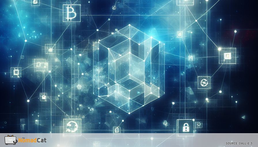 Create an abstract illustration that embodies the essence of blockchain technology revolutionizing teamwork in tech startups. Visualize a decentralized digital web, interwoven with geometric shapes symbolizing collaboration and security, all floating in a serene, blue-toned cosmos. Integrate elements representing transparency and trust, like translucent layers or overlapping grids, to depict blockchain's ability to keep data secure and accessible. Include subtle hints of digital connections and smart contracts, perhaps through glowing lines or nodes, to showcase the seamless integration and automation within a startup environment. The overall image should evoke a sense of innovation, unity, and futuristic potential.