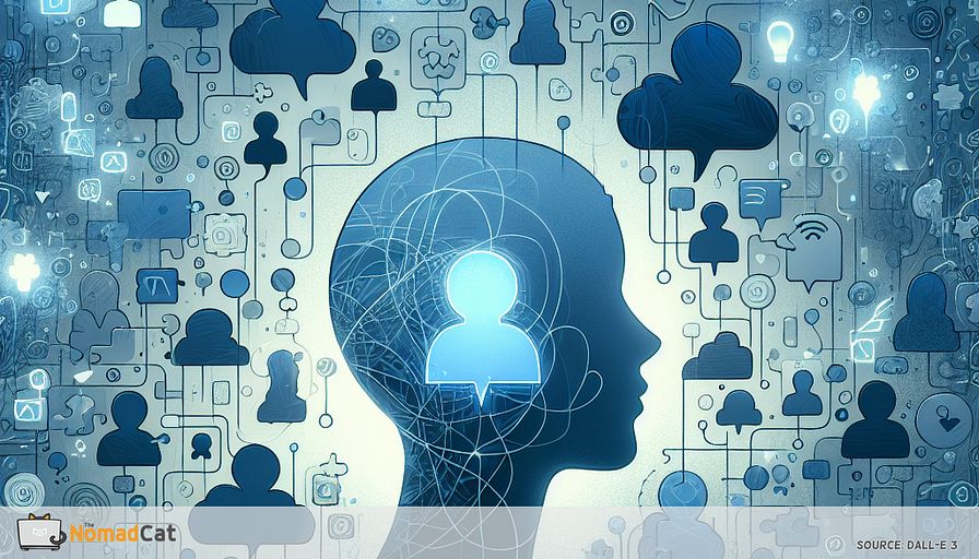 Create an abstract digital illustration in soothing blue tones that visualizes the concept of "mystery and minimalism in digital presence." Depict a sea of overlapping, transparent speech bubbles and profile silhouettes, most filled with noisy scribbles and scattered icons. In contrast, highlight one quiet, minimalist silhouette that stands out, surrounded by empty space and just a few crisp, glowing blue lines or subtle symbols. Suggest intrigue by showing faint, unfinished puzzle pieces or open loops around this profile, with gentle light drawing the viewer’s eye toward it. The overall mood should evoke calm, curiosity, and the power of purposeful omission—inviting the viewer to wonder what’s left unsaid.
