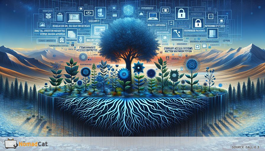 Visualize an abstract scene of digital cybersecurity cultivation symbolized as a thriving garden. Within this garden, each plant represents a crucial facet of IT security: education on risks, stringent access control, and multi-factor verification. Picture the plants as tall and sturdy, with their deep-blue roots penetrating the earth to articulate the foundation and depth of digital security practices. Contrarily, depict weeds symbolizing harmful routines like forgetting software updates or using frail passwords, which are either being removed or overshadowed by the prospering plants. Over this expanse, design a digital canopy made up of intertwined branches forming a secure shield, representing redundant critical systems, routine backups, and a security information & event management system setup. The dominating color palette should be different tinges of blue, reflecting a peaceful yet robust cybersecurity environment that is constantly adapting to counter the unending evolution of threats in the digital realm.