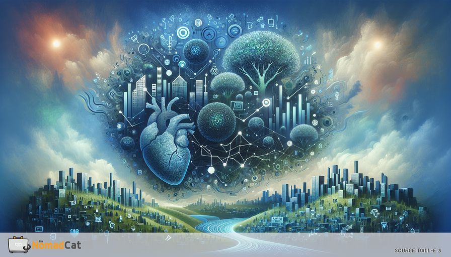 Create an abstract image with a palette dominated by different shades of blue, demonstrating the transformative era of social entrepreneurship in a digitally advanced world. This should include futuristic cityscapes merging harmoniously with lush organic vegetation, both symbolizing environmental sustainability. Incorporate unique, abstract representations of healthcare and learning; this could be visualized by interconnected neural networks that form the shape of a heart, and a knowledge tree with circuit-patterned branches. Weave a meandering river of binary code throughout the scenario portraying the permeation of revolutionary technology into these areas. Include understated representations of financial graphs and illuminated symbols of investors scattered across the sky to represent impact investment growth. The entire artwork should emanate a feeling of ingenuity, purpose, and balanced advancement.