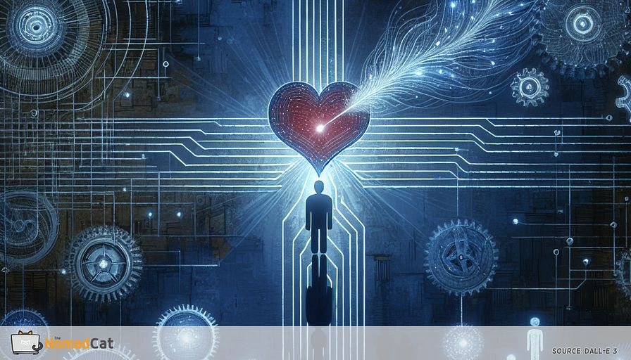 Illustrate an abstract concept of empathy in leadership within a tech startup setting, using predominantly blue tones. Visualize a leader standing at the intersection of business intelligence and compassion, depicted as a balance between a circuit board and a heart. Show the leader surrounded by a diverse team, each member connected through threads of empathy that pulse with creative energy. In the background, depict abstract representations of innovation and trust, symbolized by gears interlocking seamlessly with delicate feathers. Include subtle motifs of light and transparency to convey the idea of foresight and ethical decision-making, with blue hues creating an atmosphere of calm and clarity.