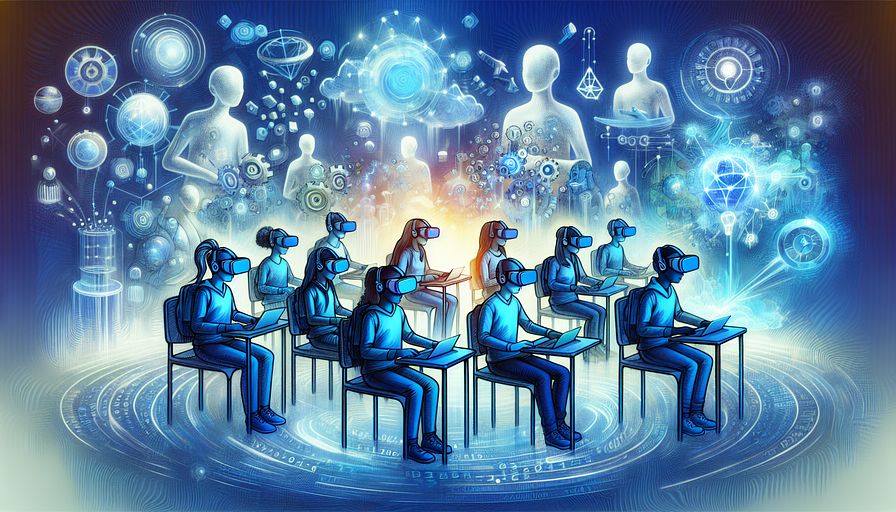Picture a futuristic classroom depicted primarily in shades of blue where advancements in technology and personalization coalesce in an abstract illustration. Envision a group of students, each of a different descent such as Caucasian, Black, Hispanic, Middle-Eastern, South-Asian, each engrossed in their unique virtual reality educational experiences. These students show varied gender, presenting dissimilar VR headsets, each displaying a diverse, intricate world tailored specifically for technology and engineering studies. Adorn the surroundings with digital code wisps and holographic, interactive projections representing adaptive learning environments. Manifest in the skies, abstract figures symbolizing leaders in technology and engineering connecting through glowing nodes, perpetually driving educational innovation. This abstract, futuristic composition exudes empowerment, immersion, and transformative impact of individual learning in technology and engineering, all encompassed within a tranquil, abstract, and blue-tinged radiance.