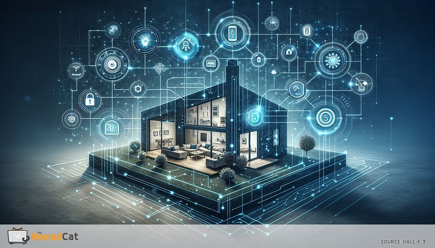 Craft an abstract illustration featuring a contemporary dwelling bathed in blue hues, symbolizing the integration of numerous smart home gadgets that symbolize advanced home technology. Display interconnected components like a radiant, intelligent thermostat, sophisticated locking devices, and observation cameras, all bound together through a complex network of lines and illustrations. Emphasize a cellular device at the heart of this network, indicative of the single command interface. Incorporate subtle signs of energy conservation and safety, such as a defensive symbol and botanical motifs, seamlessly merged into the backdrop to signify amplified protection and eco-friendliness. Make sure the overall ambience manifests the innovative, transformative effect of IoT on residential lifestyle.