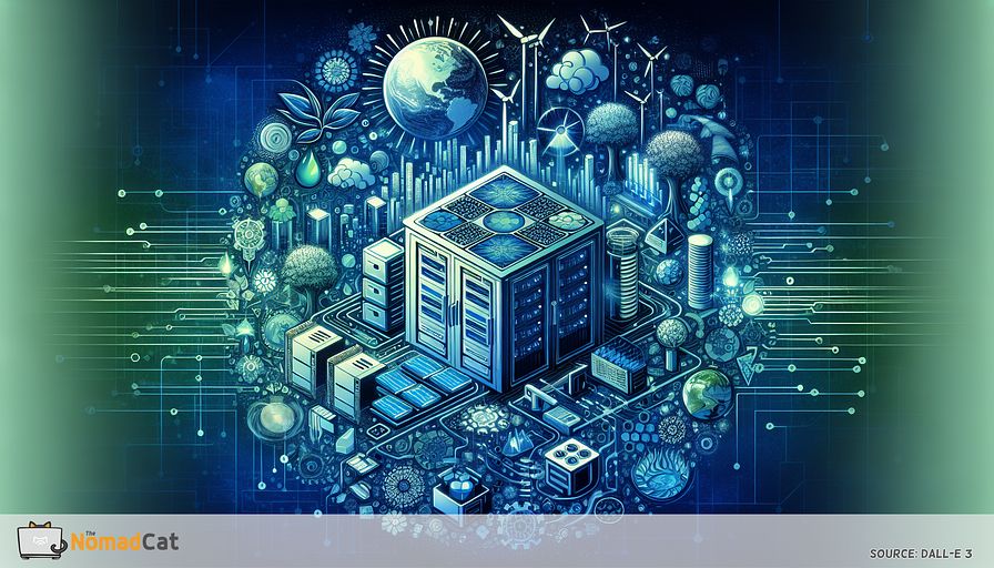 Illustrate an abstract concept that embodies the spirit of green computing in the tech industry, emphasizing sustainability and environmental protection. The image should combine elements of advanced technology and the natural world. Depict energy-efficient CPUs, servers, and peripherals, interwoven with renewable energy sources like solar panels and wind turbines. Include innovative cooling technologies and the recycling of electronic waste, all seamlessly unified into an eco-friendly data center setting. This illustration should primarily use varying shades of blue, symbolizing a cool, sustainable future where technological progression and environmental guardianship unite to safeguard our Earth. Highlight the dawn of a new age of eco-friendly innovation, where technology augments human capabilities while preserving the environment, steering us towards sustainable development.