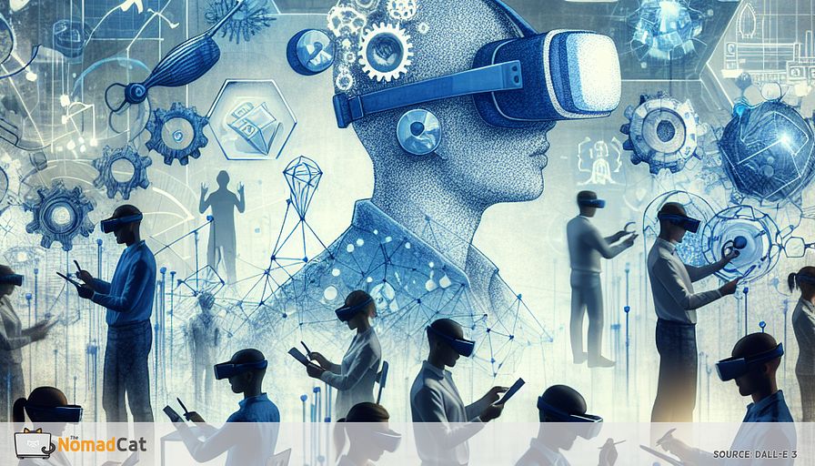 Create an abstract illustration in shades of blue, depicting a futuristic workplace where augmented reality (AR) is seamlessly integrated into training. Visualize a diverse group of employees, each equipped with smart AR glasses, interacting with holographic digital interfaces that overlay their real environment. In the background, hint at various industries like manufacturing, finance, and healthcare, represented by subtle symbols such as gears, graphs, and medical icons. Highlight the fluid interaction between the digital and physical worlds, illustrating AR as a transformative force enhancing learning and skill development in a dynamic, tech-driven landscape.