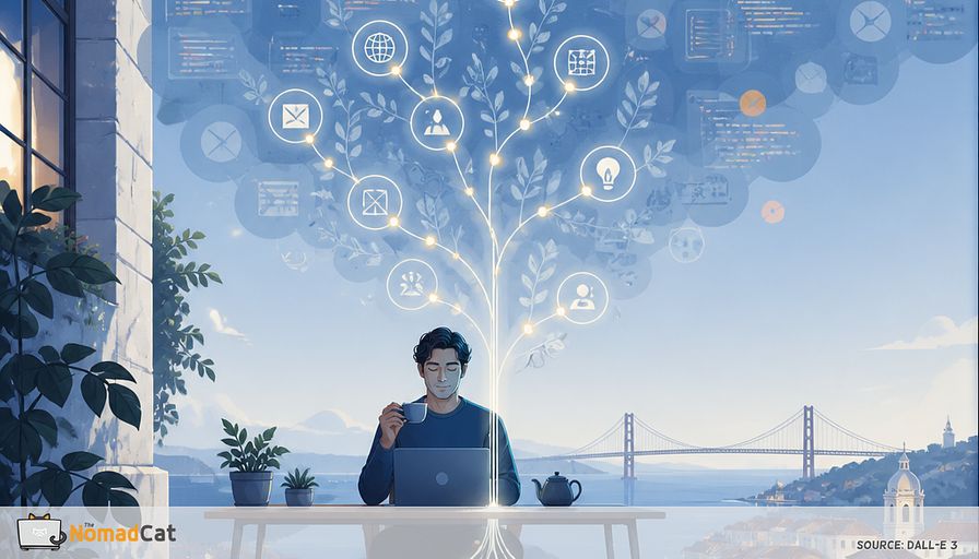 Abstract editorial illustration in calming blue tones: a single focused tech professional sitting peacefully at a minimalist desk with a laptop and a cup of tea, surrounded by a vast chaotic cloud of floating app icons, code fragments, notifications, and trend arrows fading into the background. In the foreground, a small luminous skill tree grows from the desk, its roots connected to a few clear foundational symbols—code brackets, cloud, communication bubble, design grid—while its branches form elegant interconnected pathways and subtle upward curves, showing compounding growth through adjacent skills. Tiny daily progress markers appear as soft glowing dots along the branches, like a calm streak tracker. Incorporate visual metaphors of a carefully tended garden and a sturdy bridge, emphasizing deliberate connection rather than accumulation. Spacious composition, clean geometric shapes, soft gradients, quiet Lisbon morning atmosphere, serene and optimistic mood, sophisticated modern magazine illustration, minimal detail, no words, no readable text.