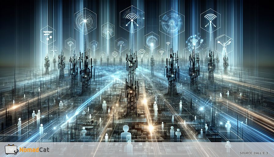 An abstract digital landscape embodying the advanced Wi-Fi 6 technology is visualized in varying tones of blue, signalling enhanced speed, reduced latency, and increased capacity ideal for an enterprise setting. Envision a system of modern, futuristic towers linked by radiant data streams, each flowing without interruption to indicate improved performance and backing for demanding applications such as AR, VR, and AI. In the foreground, translucent figures of different genders and descents that symbolize CTOs, Directors of Technologies, and Engineers are collaboratively strategizing and overseeing this high-tech network architecture. Off to the side, there's a contour of the 4G offload mechanism: a buildup of data packets transitioning from a packed cellular network to the adjacent Wi-Fi networks. Above, emerging symbols of 5G and Wi-Fi 7 faintly hint at the impending advancements in wireless networking and enterprise connectivity. The entire scenario communes a sense of pioneering innovation and tactical readiness for the foreseeable future in wireless communication.