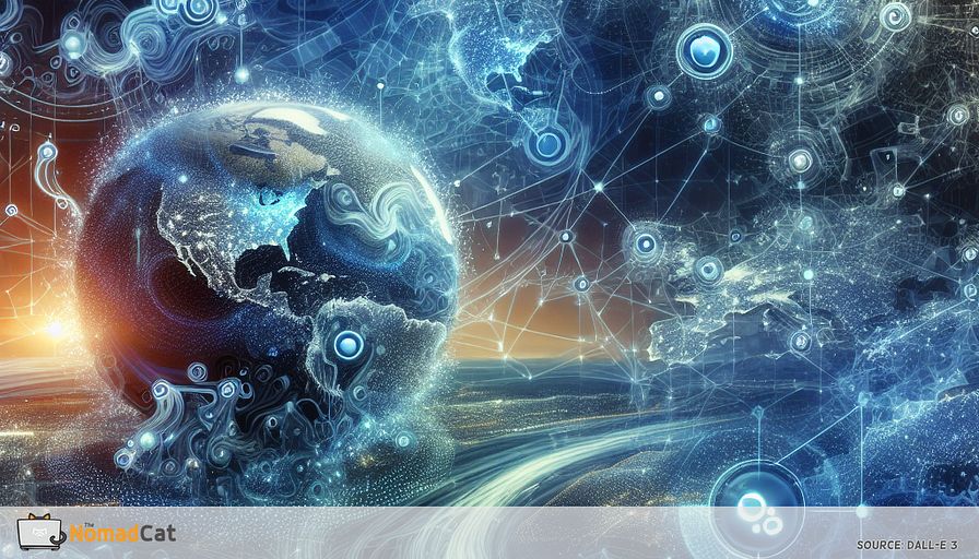 Create an abstract illustration depicting the transformative power of supply chains in the electric vehicle (EV) revolution. Imagine a vast, intricate network of blue-toned lines and nodes representing a global supply chain, connecting various elements of the EV industry. Highlight key components such as lithium and cobalt, visualized as glowing blue orbs within the network. Integrate abstract representations of AI and blockchain as swirling, dynamic patterns that weave through the supply chain, symbolizing innovation and transparency. Include hints of European landscapes in the background, suggesting the region's leadership in sustainable practices and technological advancements. The overall composition should convey a sense of interconnectedness and forward momentum towards a greener, more sustainable future.