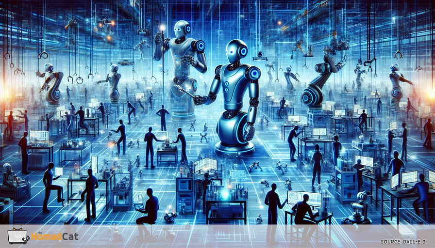 Visualize an abstract, futuristic workspace dominated by blue hues, where people of various descents and genders and sleek, humanoid robots seamlessly collaborate. In this scene, cobots with a design that blends industrial efficiency with a touch of human-like grace assist in a variety of tasks, from delicate assembly operations to precise quality control checks. The environment is alive with dynamic, symbiotic activity; humans and robots interact in a rhythm that embodies the perfect balance of technology and human touch, emphasizing safety, productivity, and mutual respect. Each cobot is equipped with intuitive interfaces, symbolized by glowing, friendly displays, facilitating easy programming by their human counterparts. The illustration should capture the essence of a revolutionized workplace where cobot integration has not only enhanced operational efficiency but also transformed the workers' roles into more satisfying and creatively fulfilling endeavors. The abstract composition should convey a sense of optimism and futuristic advancement, reflecting a world where technology leaders have harnessed the full potential of cobots, propelling their industries into a new era of innovation and collaboration.
