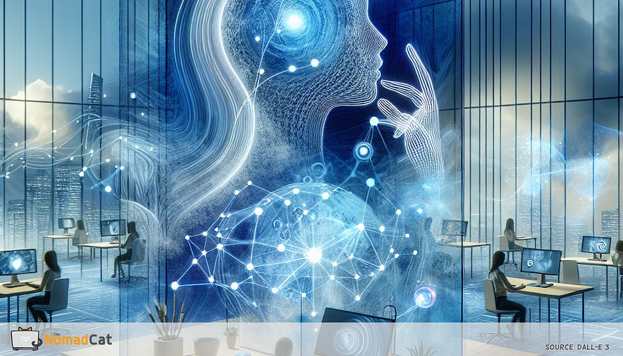 Create an abstract illustration that captures the essence of tech-driven wellness in European startups. Imagine a serene, futuristic office space enveloped in calming blue tones, where technology seamlessly integrates with everyday work life to enhance employee well-being. In the foreground, depict digital platforms and wearables symbolized by interconnected glowing lines, representing mental health support and personalized wellness plans. In the background, visualize elements of virtual and augmented reality, with ethereal, immersive scenes blending into the office environment, offering a sense of tranquility and stress relief. The overall composition should convey a harmonious balance between technology and human wellness, highlighting innovation and a healthier future in European workspaces.