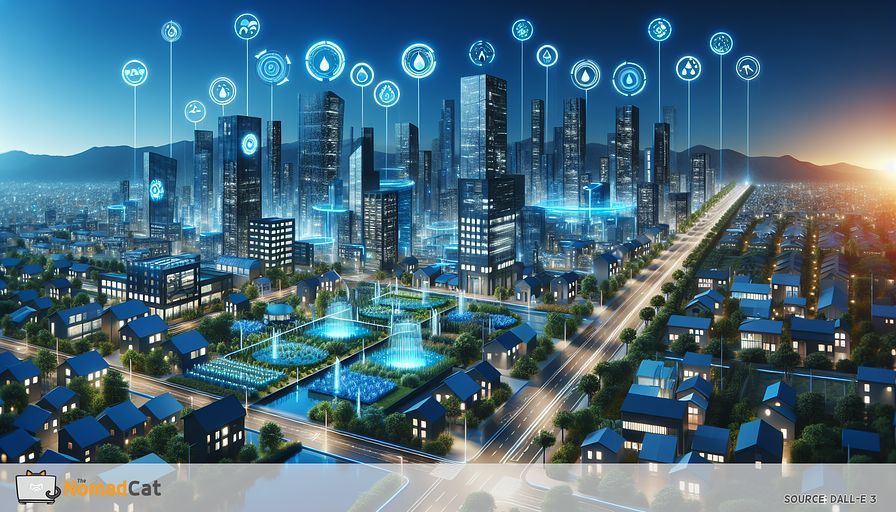 Depict a futuristic cityscape that showcases the concept of water sustainability through advanced, smart water conservation technologies. The scene should be predominantly blue, with buildings that are equipped with efficient irrigation systems that adapt to real-time weather information, and towering structures featuring greywater recycling systems. Highlight areas that are characterized by drought-resistant landscaping and the use of water-efficient appliances, whose importance is emphasized by glowing blue accents. The cityscape should embody a harmonious blend of nature and innovation, showcasing solving the challenges of climate change and water scarcity. Convey a mood of optimism for the future, focusing on the mutual benefits of environmental conservation and economic progress.